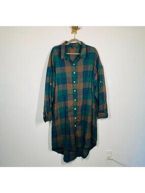 Plaid Button-Up High-Low Long Shirt Dress 4XL Green Brown Blue